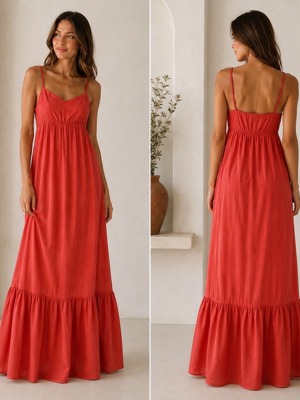 Red Maxi Cotton Dress with Flounced Hem - Size M